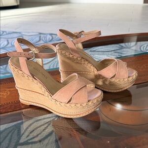Stuart Weitzman Pink and Tan Wedge Sandals